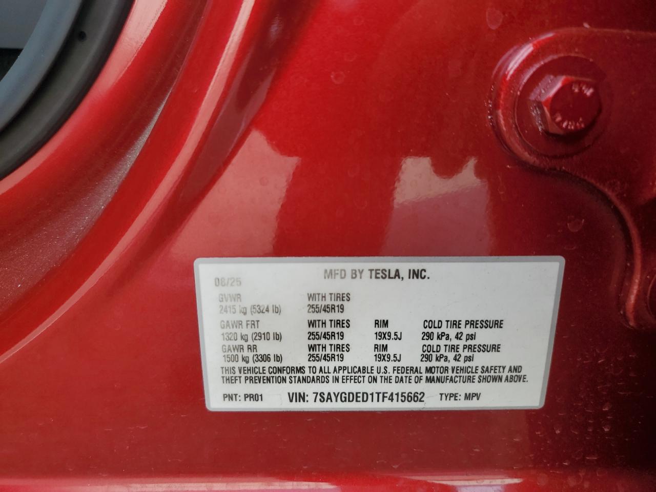 2026 Tesla Model Y VIN: 7SAYGDED1TF415662 Lot: 91021225