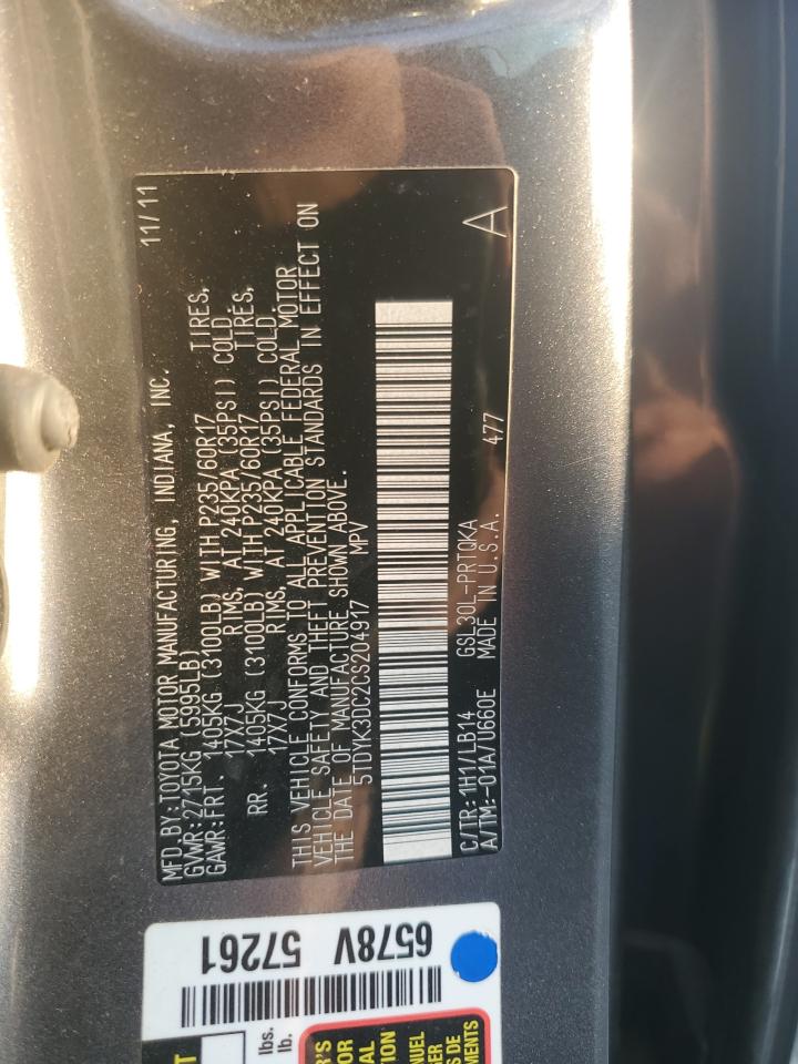 2012 Toyota Sienna Xle VIN: 5TDYK3DC2CS204917 Lot: 92509465