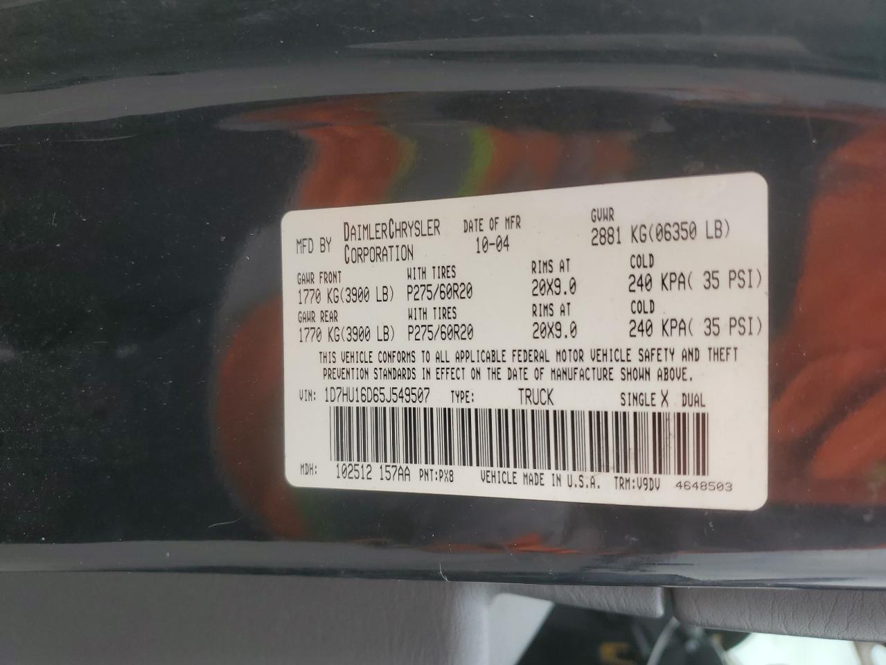 2005 Dodge Ram 1500 St VIN: 1D7HU16D65J549507 Lot: 91185645