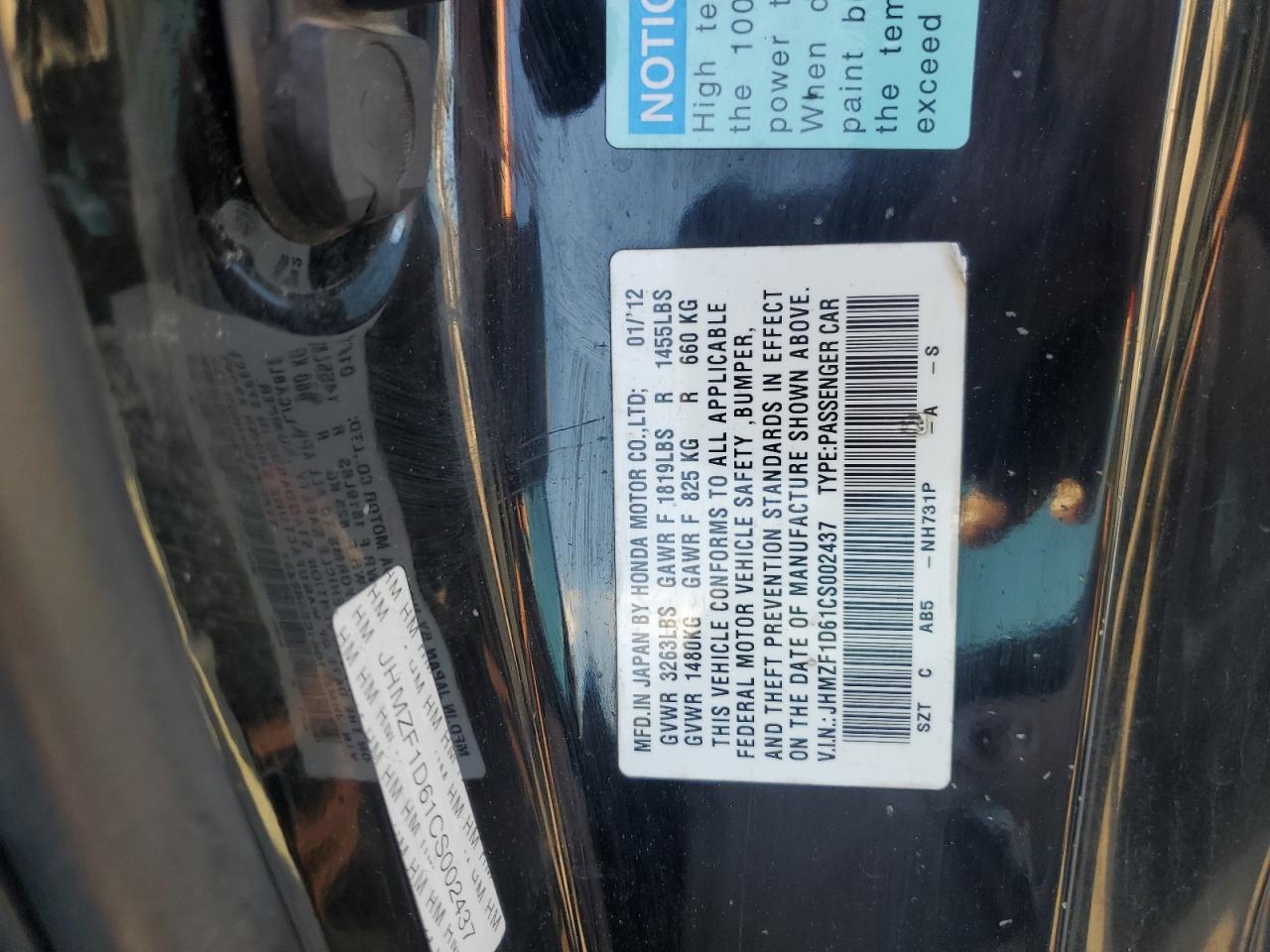 2012 Honda Cr-Z Ex VIN: JHMZF1D61CS002437 Lot: 91262455