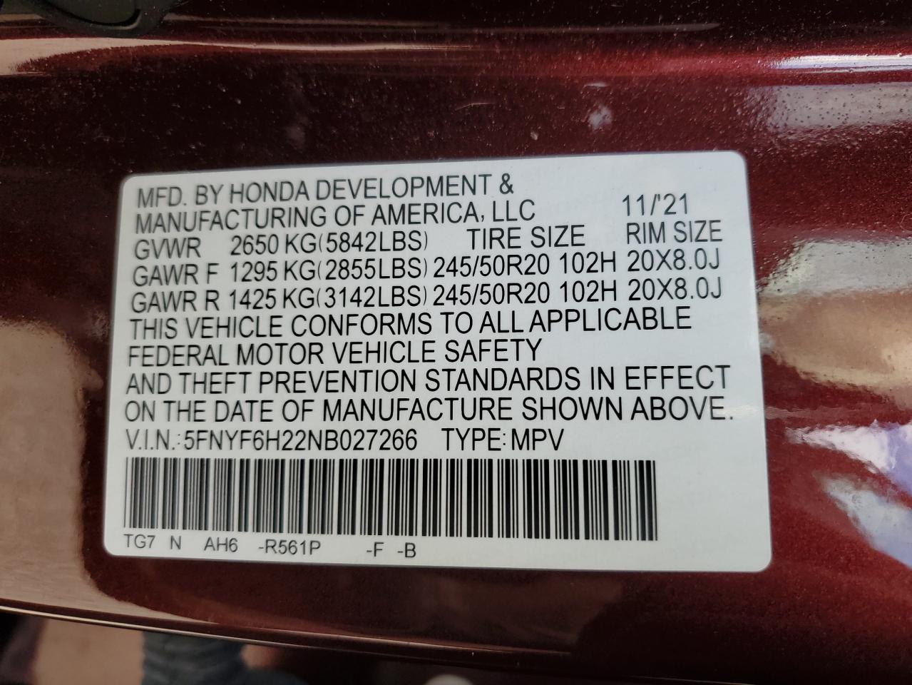 2022 Honda Pilot Se VIN: 5FNYF6H22NB027266 Lot: 85437905