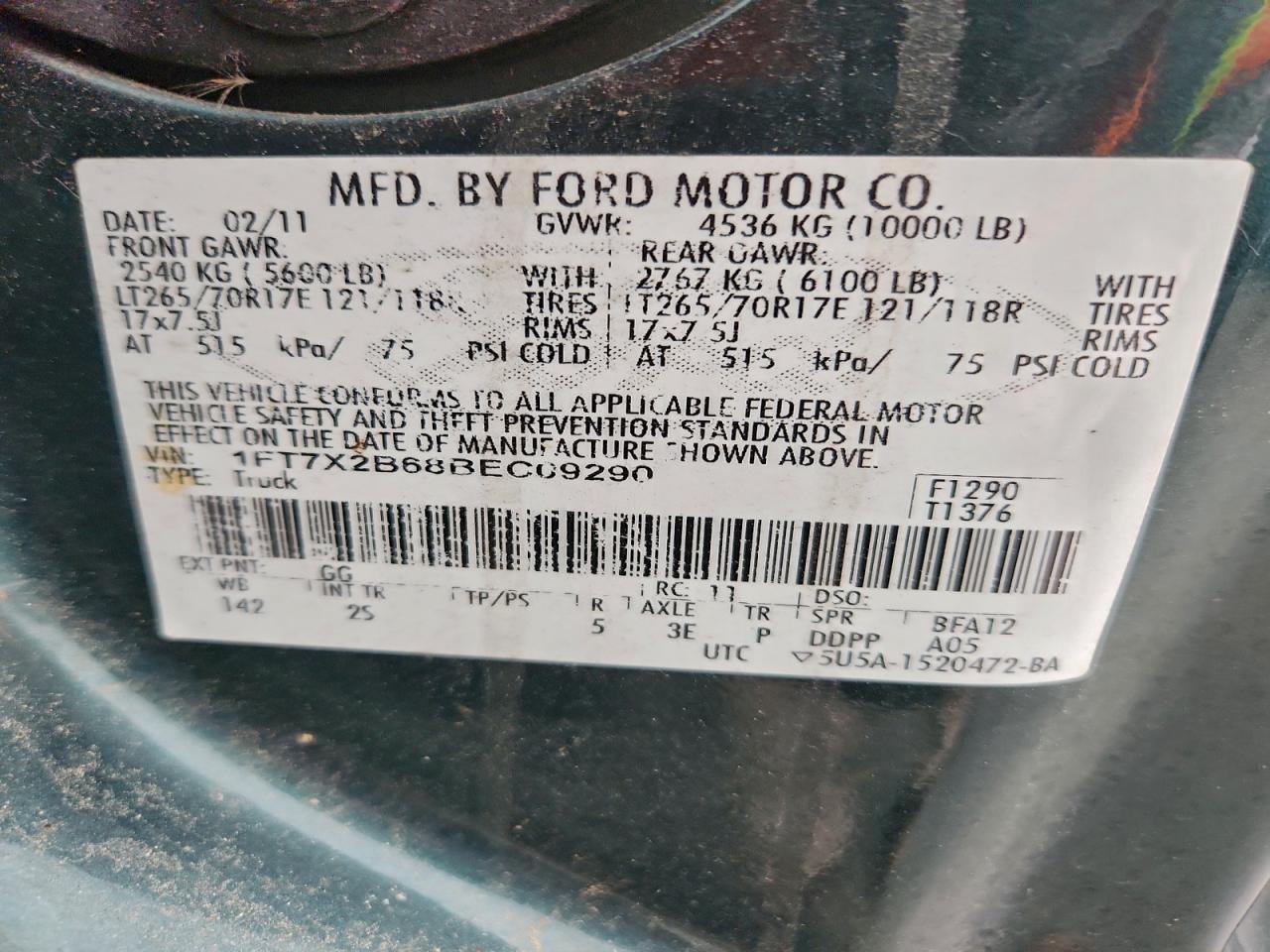 2011 Ford F250 Super Duty VIN: 1FT7X2B68BEC09290 Lot: 93750275