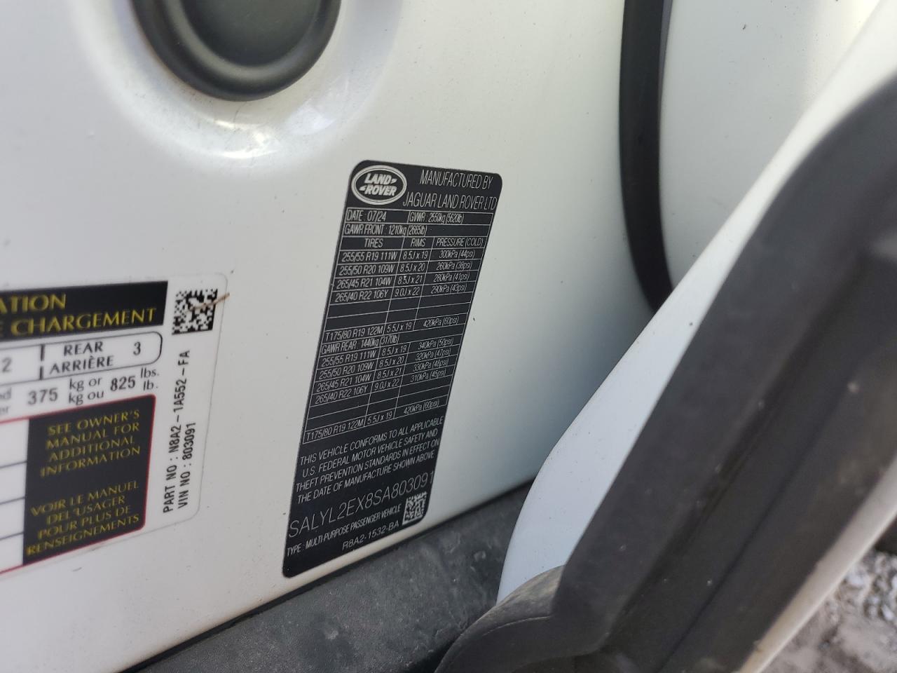 2025 Land Rover Range Rover Velar Dynamic Se VIN: SALYL2EX8SA803091 Lot: 91855325