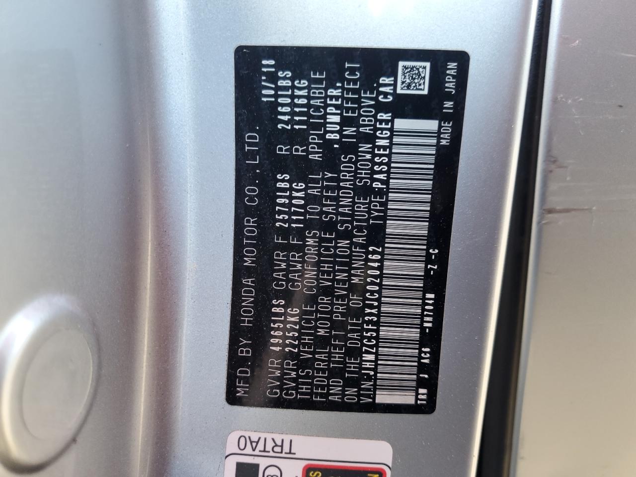 2018 Honda Clarity Touring VIN: JHMZC5F3XJC020462 Lot: 91313615