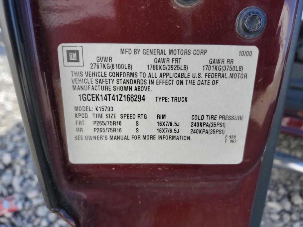 2001 Chevrolet Silverado K1500 VIN: 1GCEK14T41Z168294 Lot: 92660625