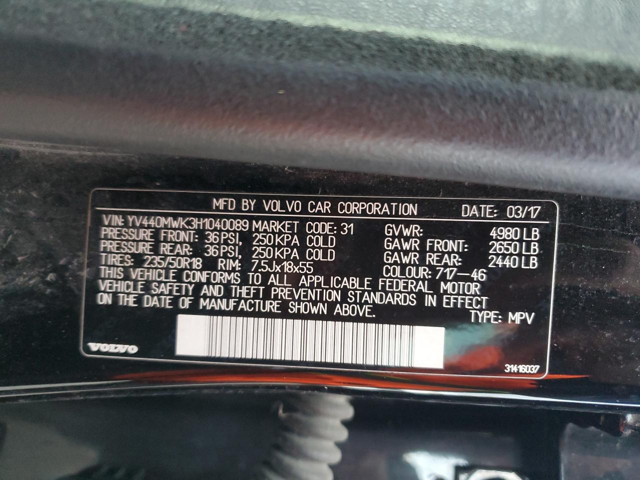 2017 Volvo V60 Cross Country Premier VIN: YV440MWK3H1040089 Lot: 93464265