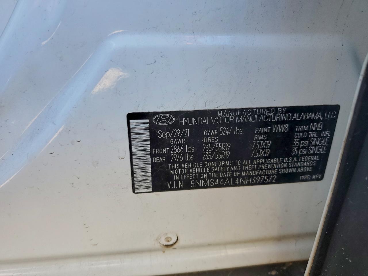 2022 Hyundai Santa Fe Limited VIN: 5NMS44AL4NH397572 Lot: 92636635