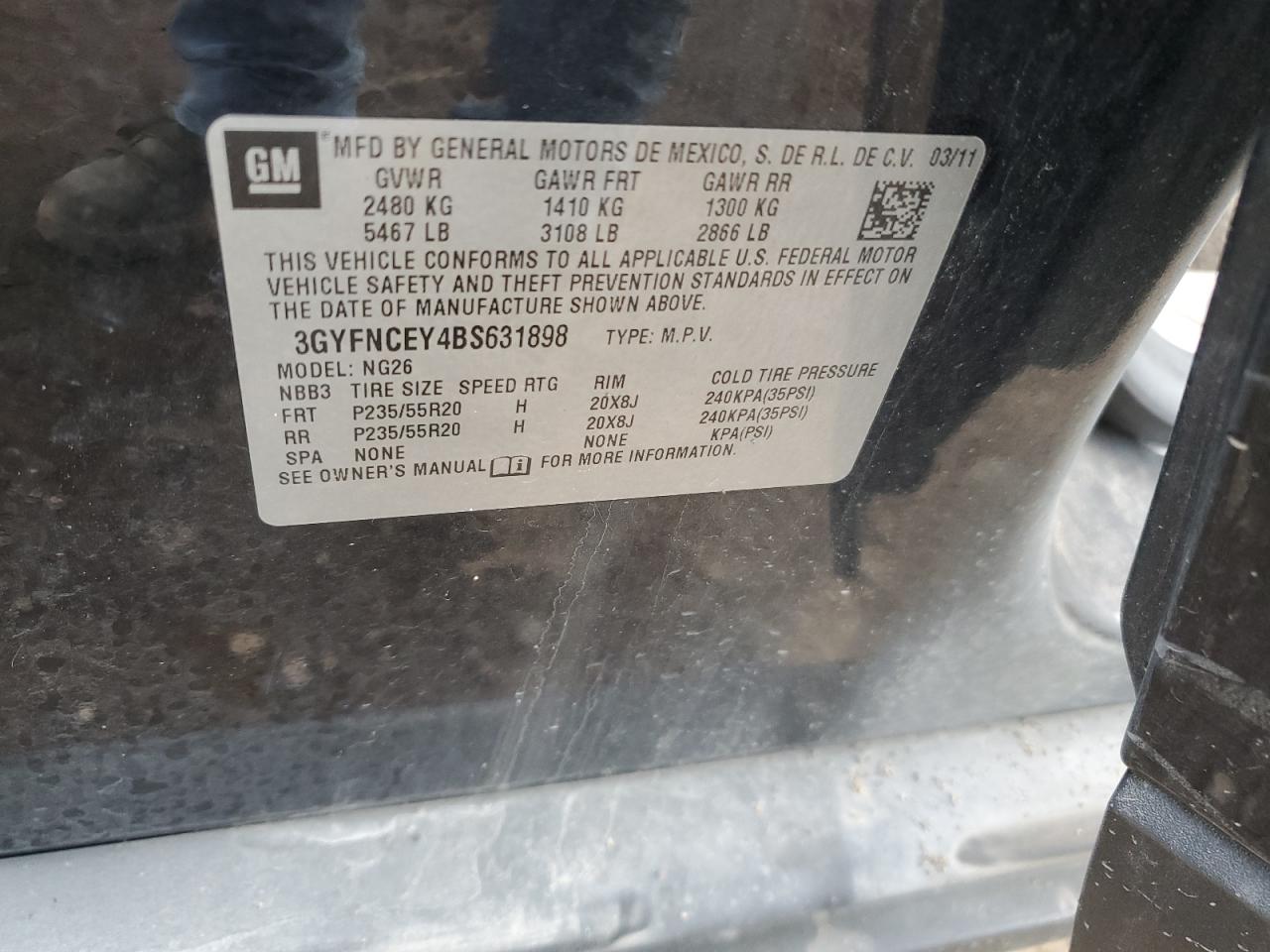 2011 Cadillac Srx Premium Collection VIN: 3GYFNCEY4BS631898 Lot: 92633175