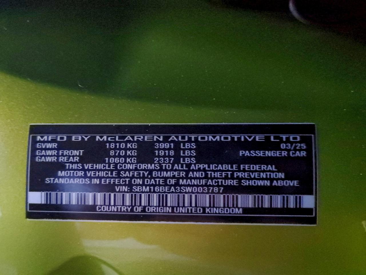 2025 Mclaren Automotive Artura VIN: SBM16BEA3SW003787 Lot: 94781195