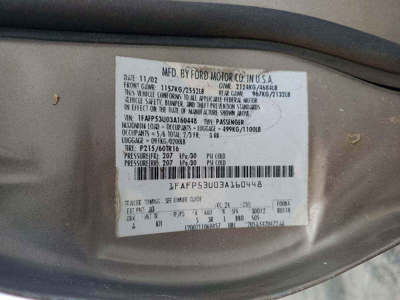 2003 Ford Taurus Se VIN: 1FAFP53U03A160448 Lot: 93232075