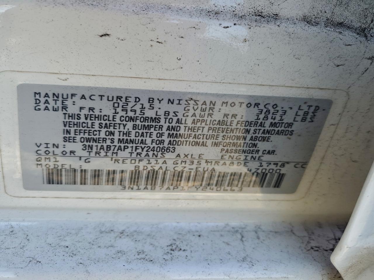 2015 Nissan Sentra S VIN: 3N1AB7AP1FY240663 Lot: 94247995