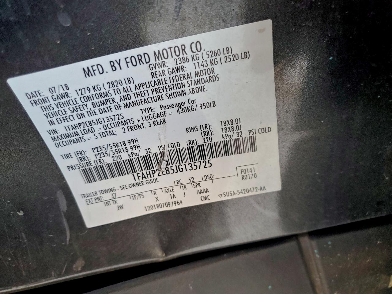 2018 Ford Taurus Sel VIN: 1FAHP2E85JG135725 Lot: 94534345