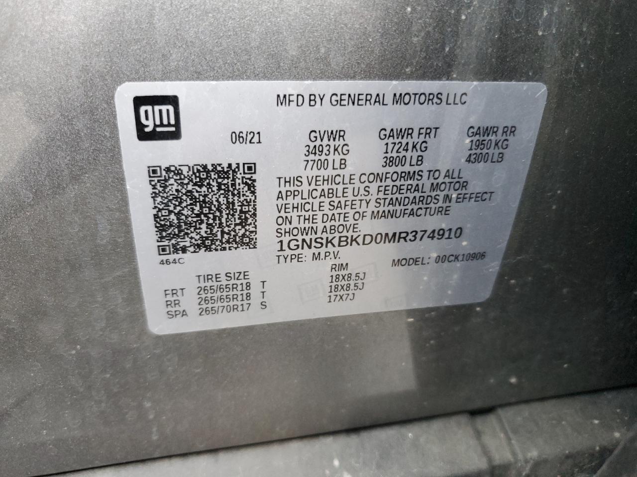 2021 Chevrolet Suburban K1500 Ls VIN: 1GNSKBKD0MR374910 Lot: 93217915