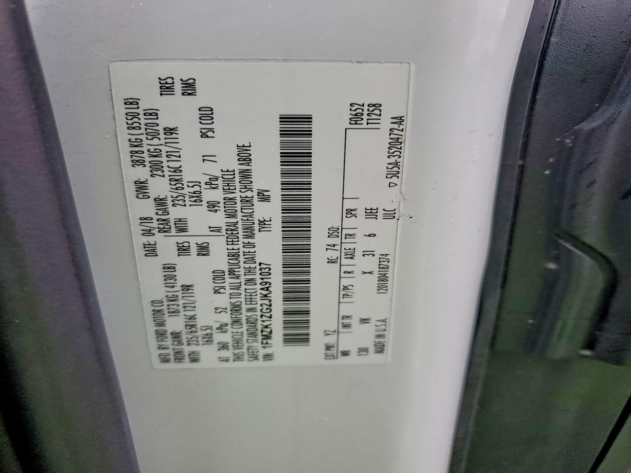 2018 Ford Transit T-150 VIN: 1FMZK1ZG2JKA91037 Lot: 94100045