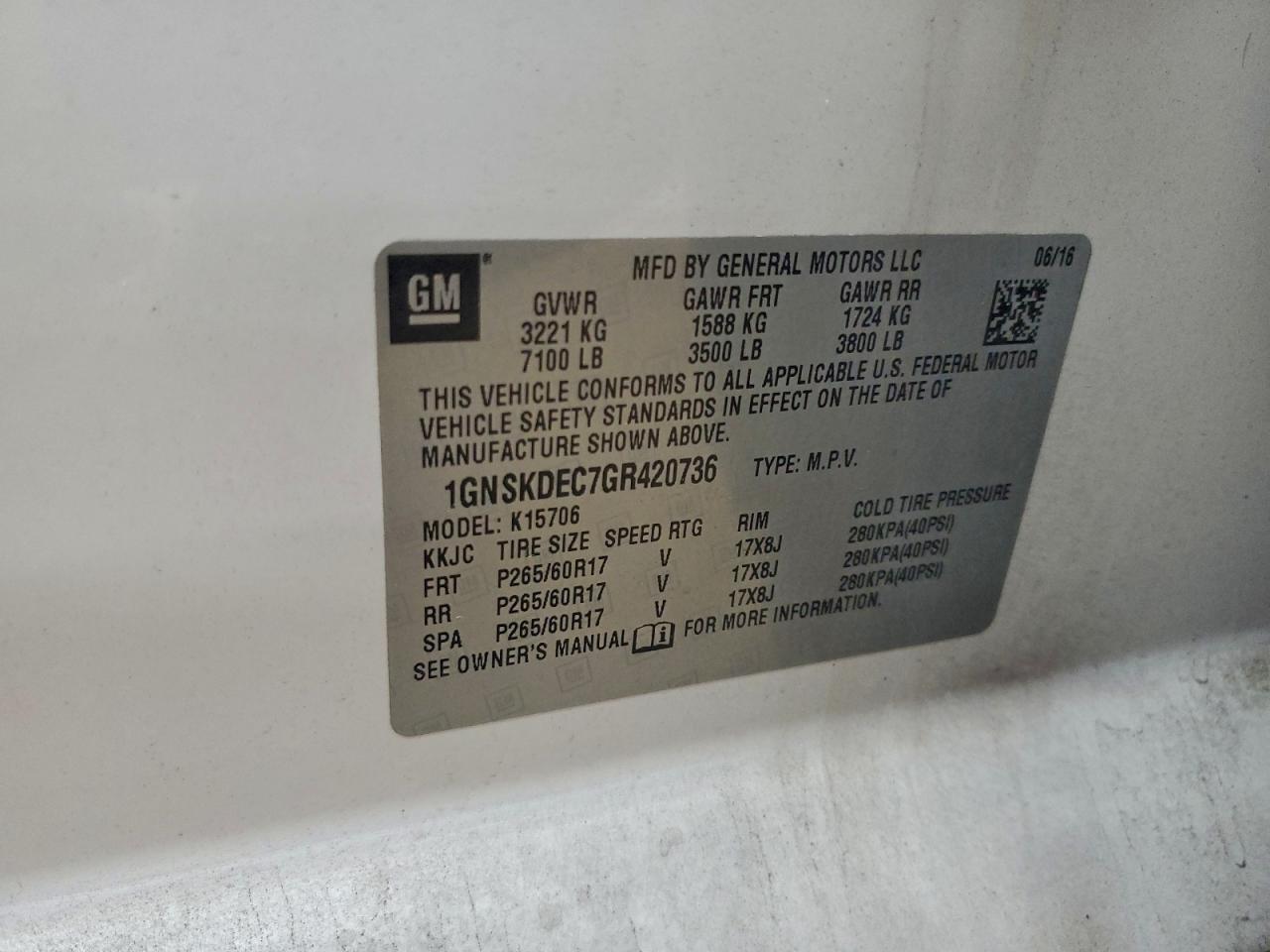 2016 Chevrolet Tahoe Police VIN: 1GNSKDEC7GR420736 Lot: 94153335