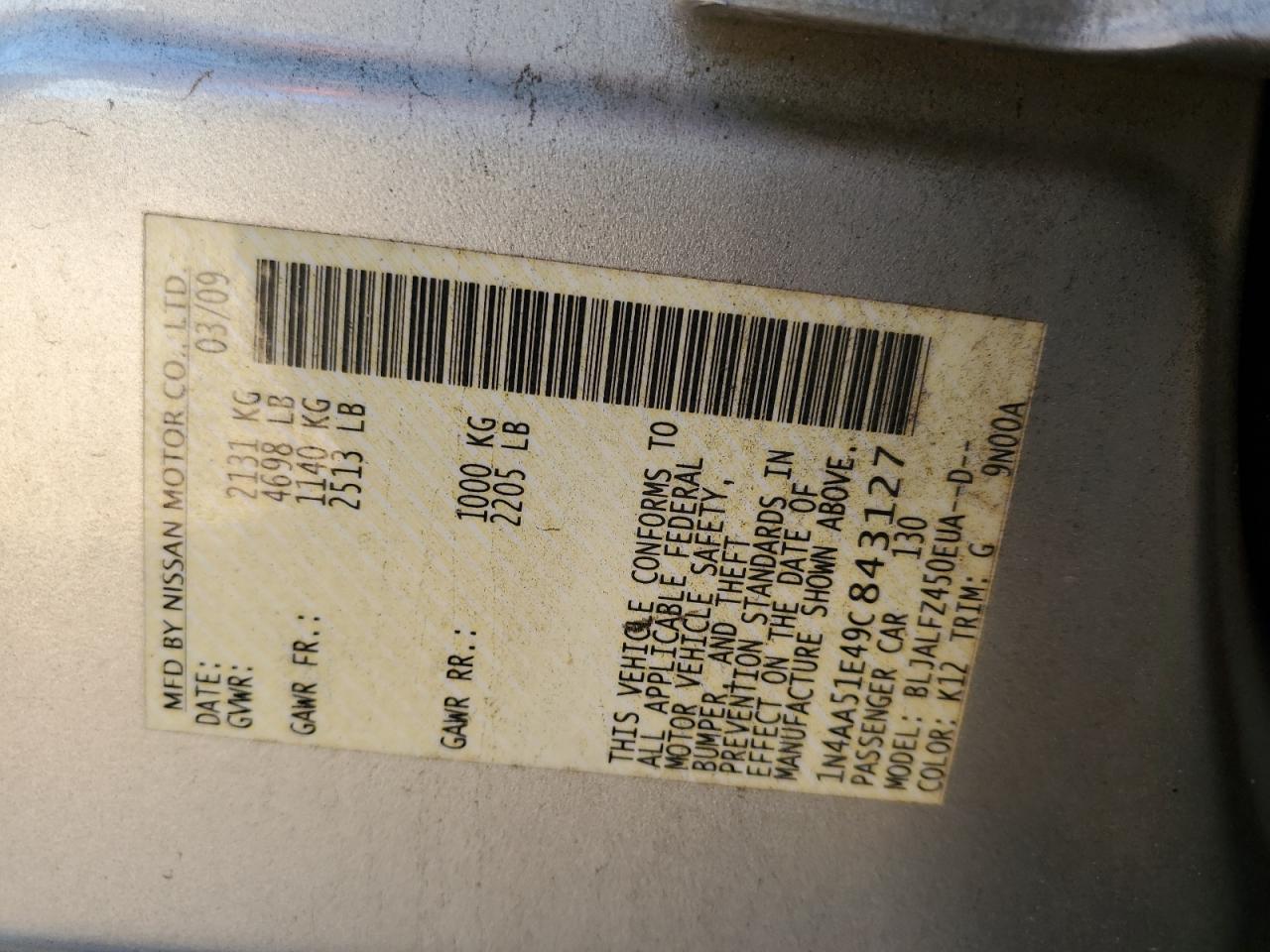 2009 Nissan Maxima S VIN: 1N4AA51E49C843127 Lot: 91663275