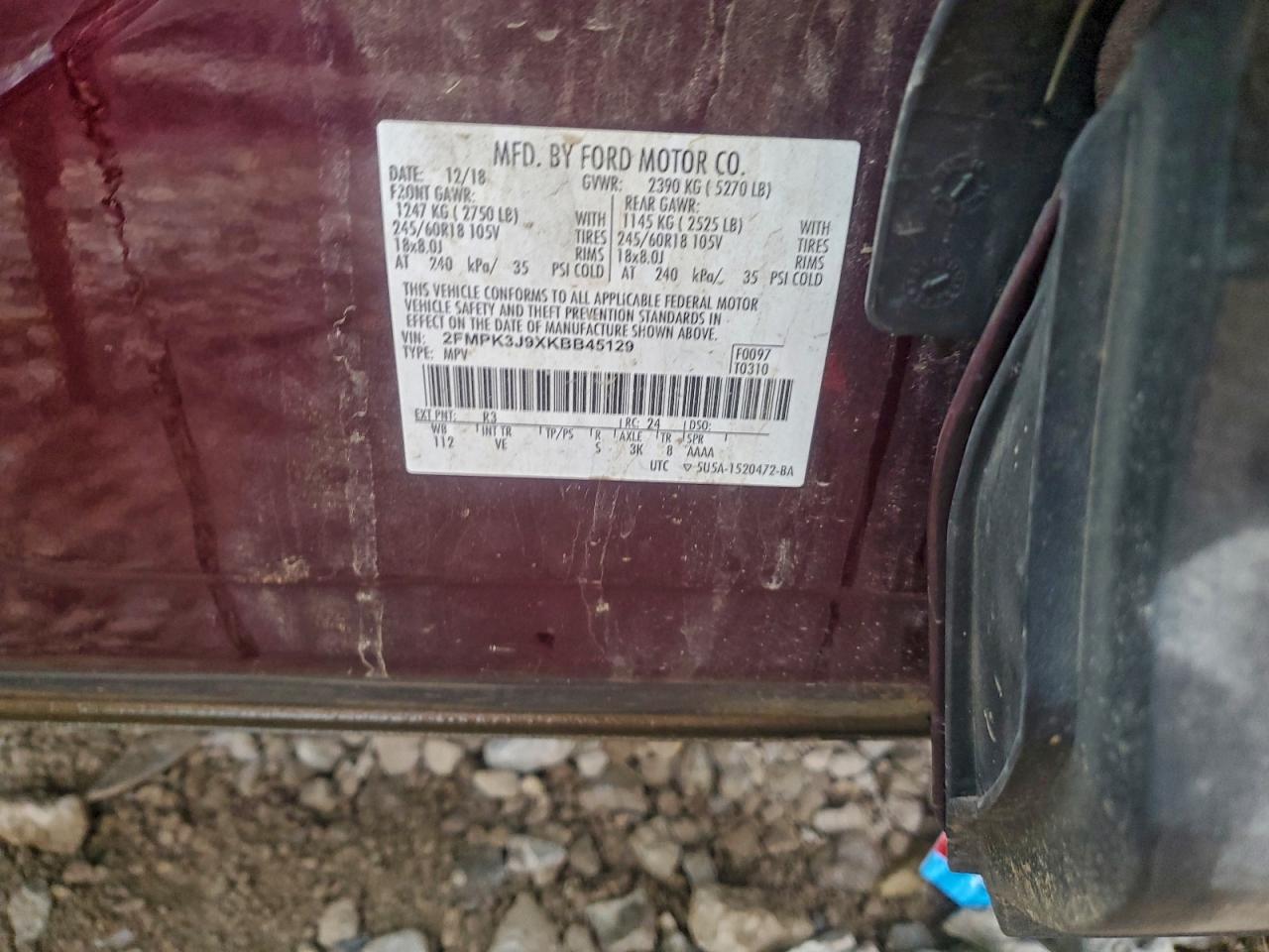 2019 Ford Edge Sel VIN: 2FMPK3J9XKBB45129 Lot: 94145355