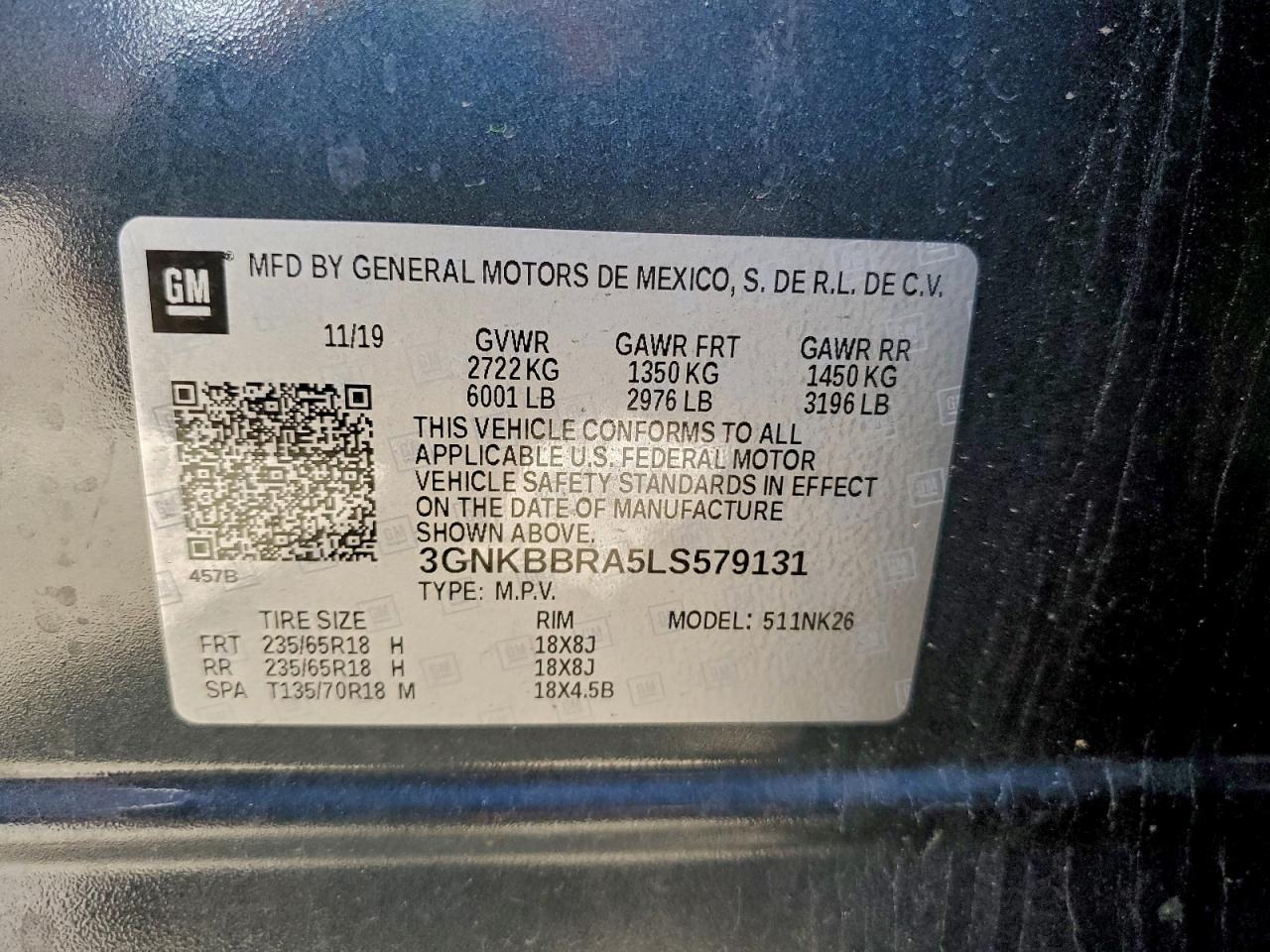 2020 Chevrolet Blazer 1Lt VIN: 3GNKBBRA5LS579131 Lot: 94162185