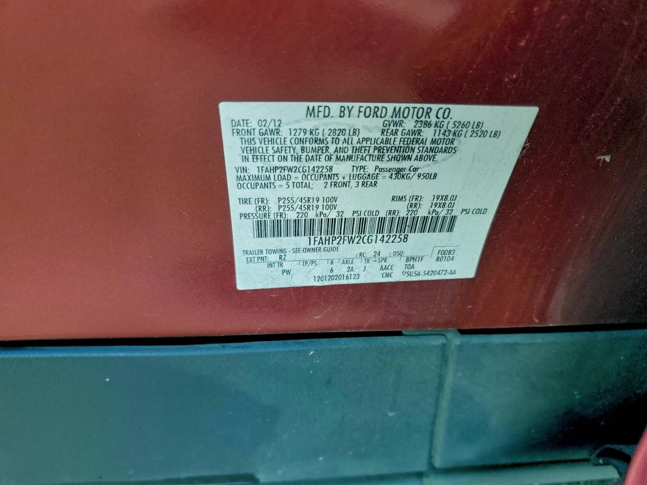 2012 Ford Taurus Limited VIN: 1FAHP2FW2CG142258 Lot: 93355065