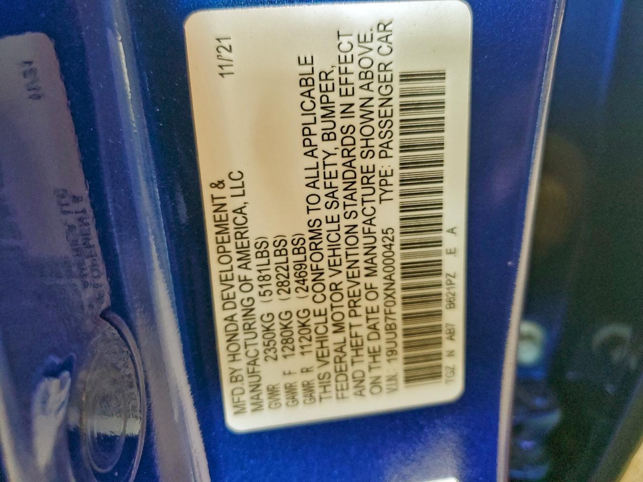 2022 Acura Tlx Type S VIN: 19UUB7F0XNA000425 Lot: 93875565