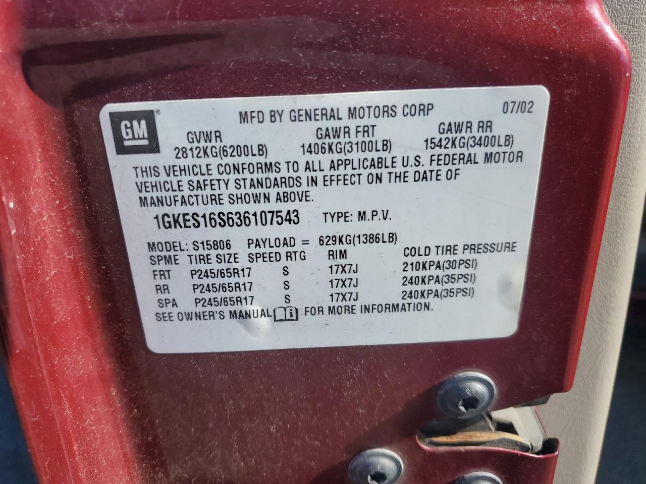 2003 GMC Envoy Xl VIN: 1GKES16S636107543 Lot: 90538245