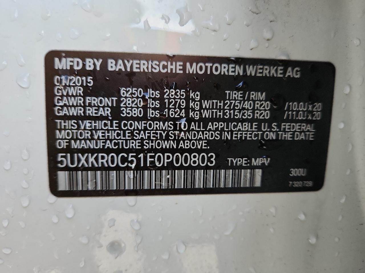 2015 BMW X5 xDrive35I VIN: 5UXKR0C51F0P00803 Lot: 92726145