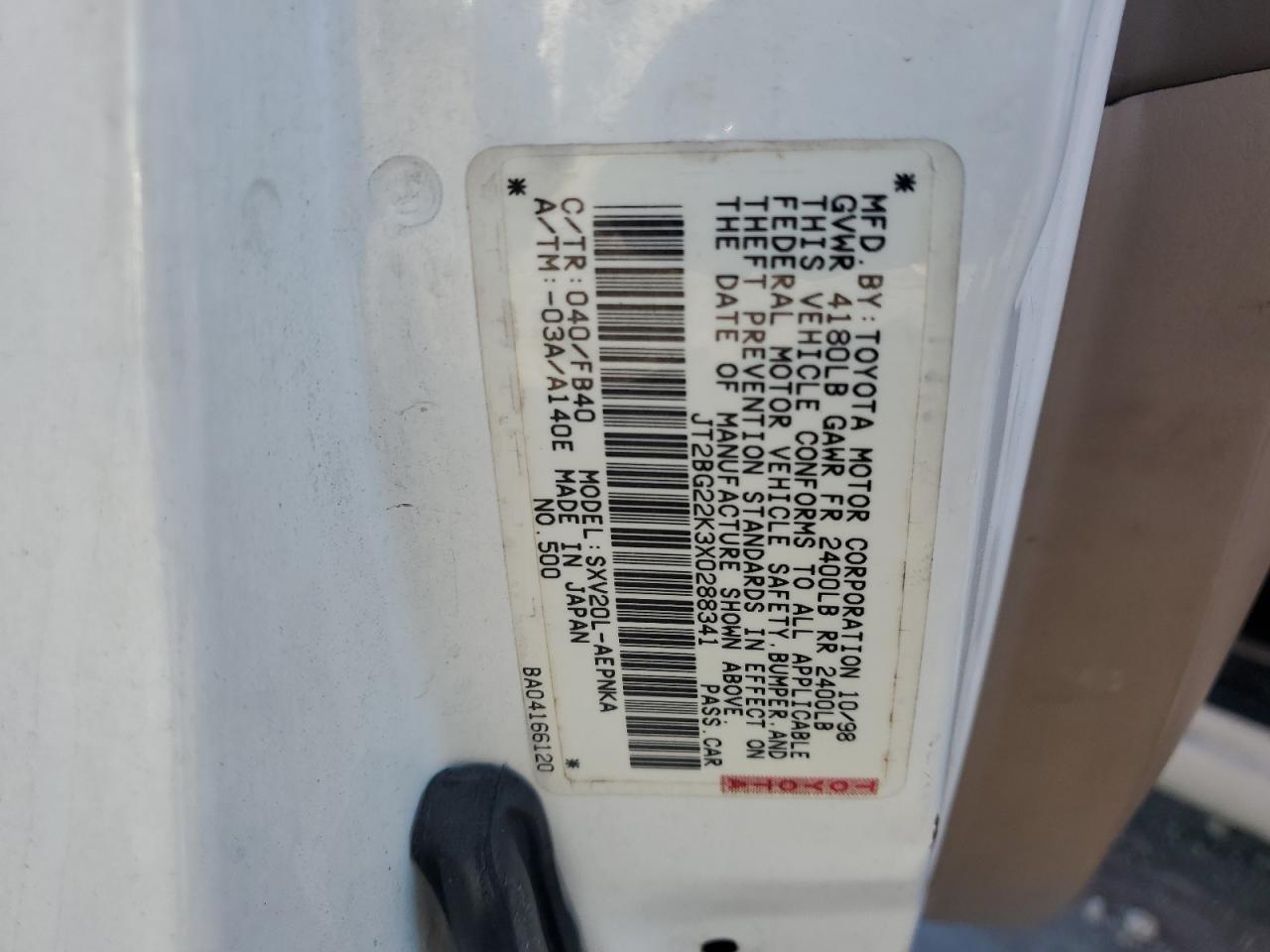 1999 Toyota Camry Le VIN: JT2BG22K3X0288341 Lot: 93096485