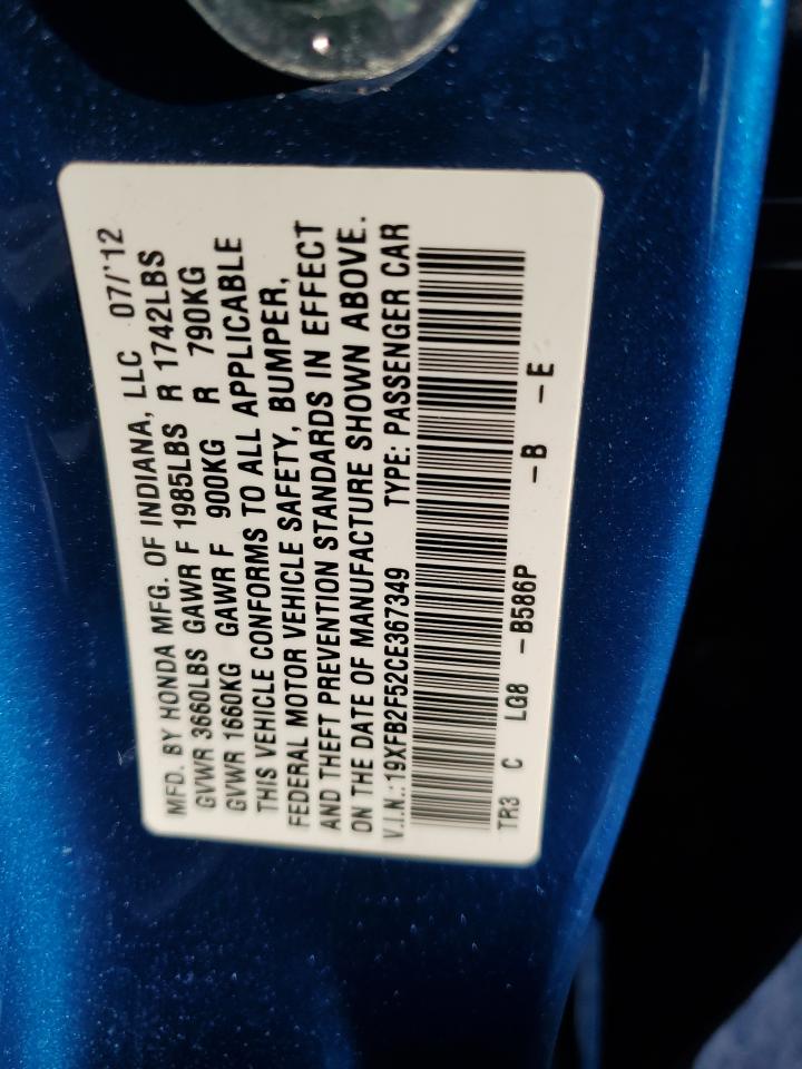 2012 Honda Civic Lx VIN: 19XFB2F52CE367349 Lot: 92546195