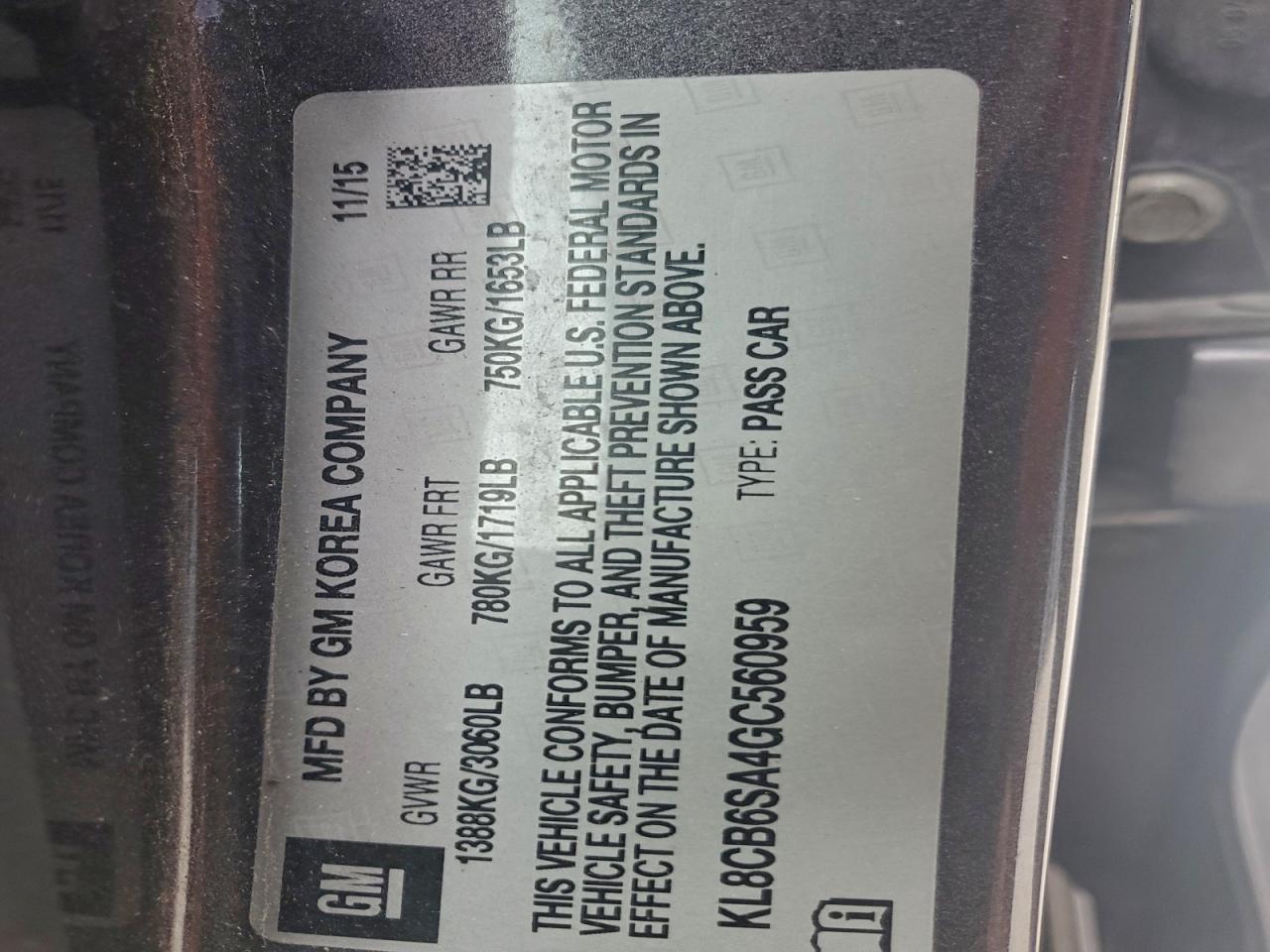 2016 Chevrolet Spark Ls VIN: KL8CB6SA4GC560959 Lot: 92741365