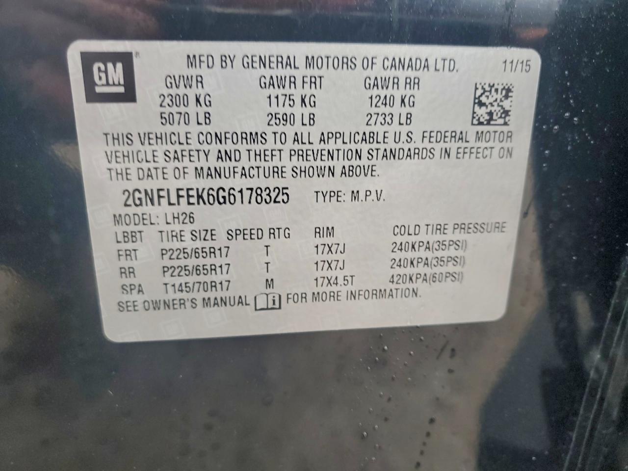 2016 Chevrolet Equinox Lt VIN: 2GNFLFEK6G6178325 Lot: 93388275