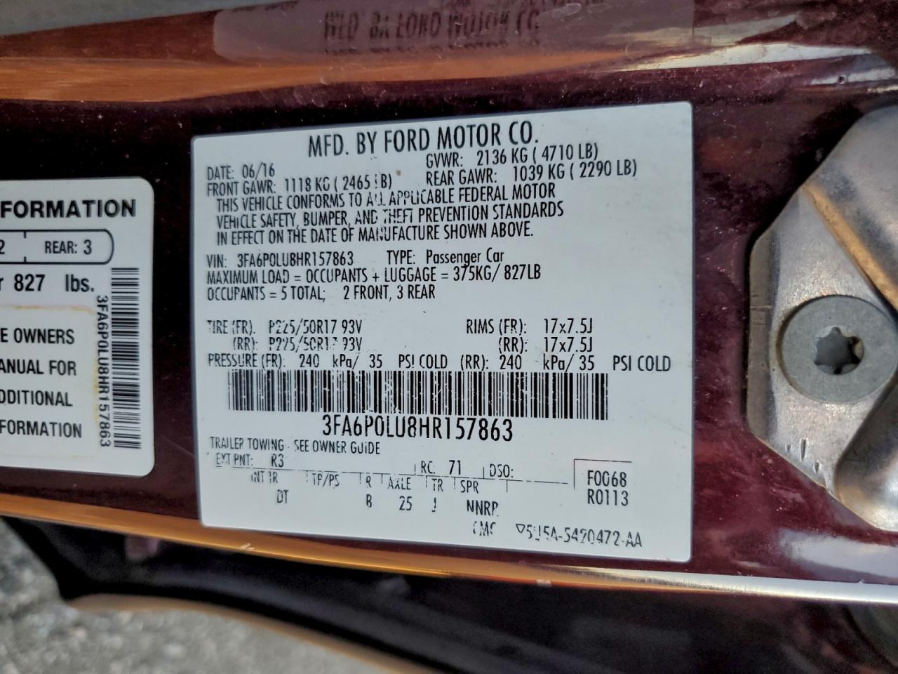 2017 Ford Fusion Se Hybrid VIN: 3FA6P0LU8HR157863 Lot: 94751505