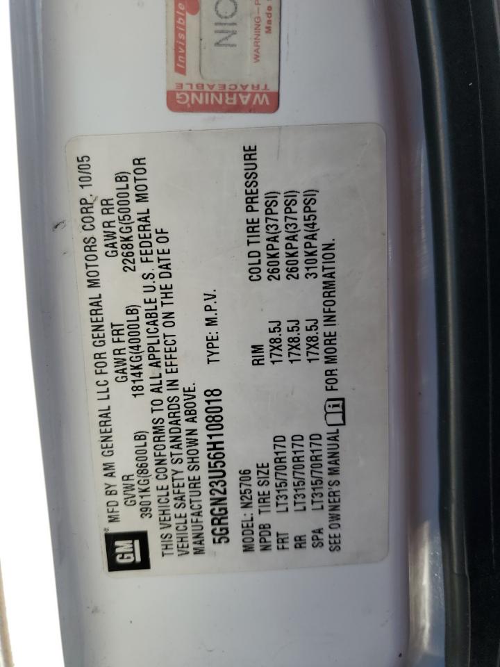 2006 Hummer H2 VIN: 5GRGN23U56H108018 Lot: 93132285