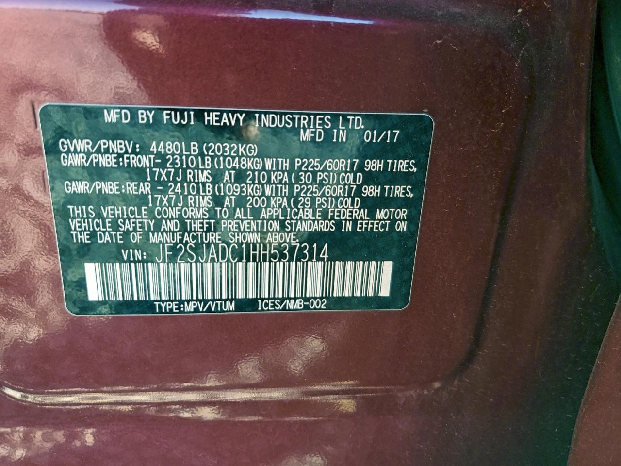 2017 Subaru Forester 2.5I Premium VIN: JF2SJADC1HH537314 Lot: 94139135