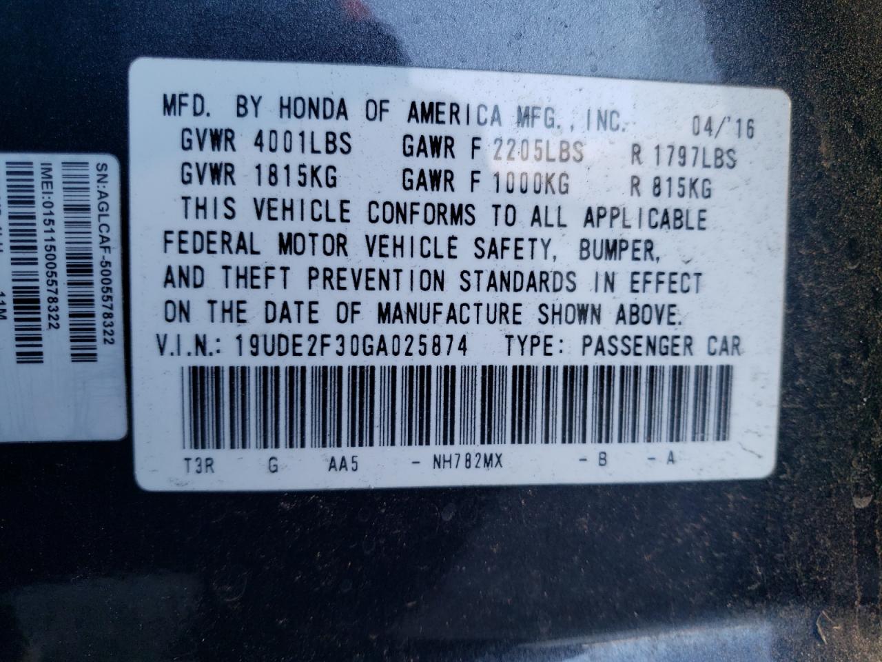 2016 Acura Ilx Base Watch Plus VIN: 19UDE2F30GA025874 Lot: 93094315