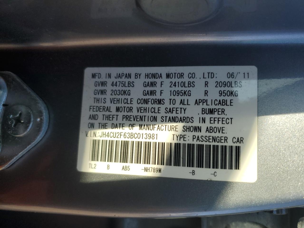 2011 Acura Tsx VIN: JH4CU2F63BC013981 Lot: 92692125