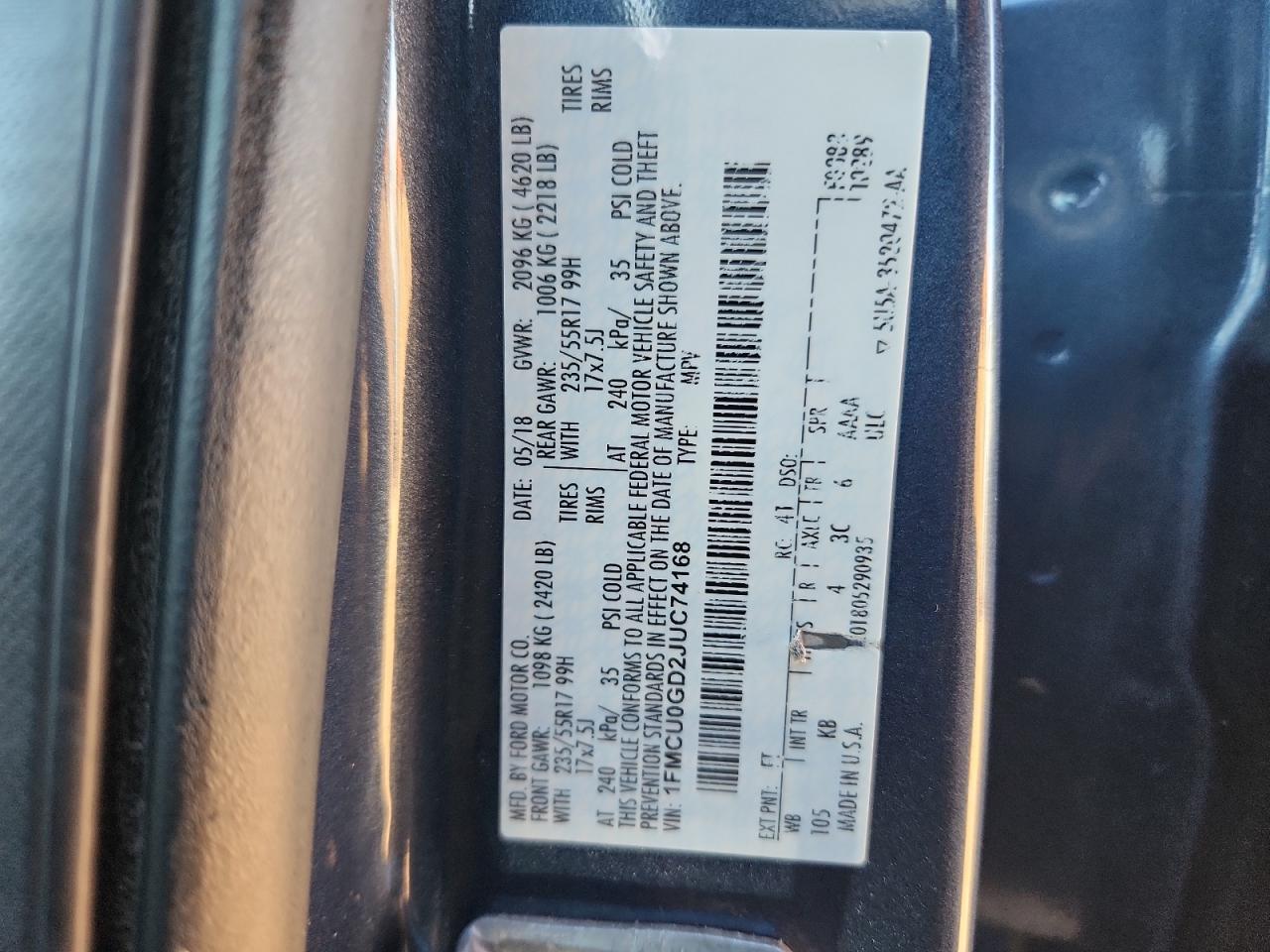 2018 Ford Escape Se VIN: 1FMCU0GD2JUC74168 Lot: 92471615