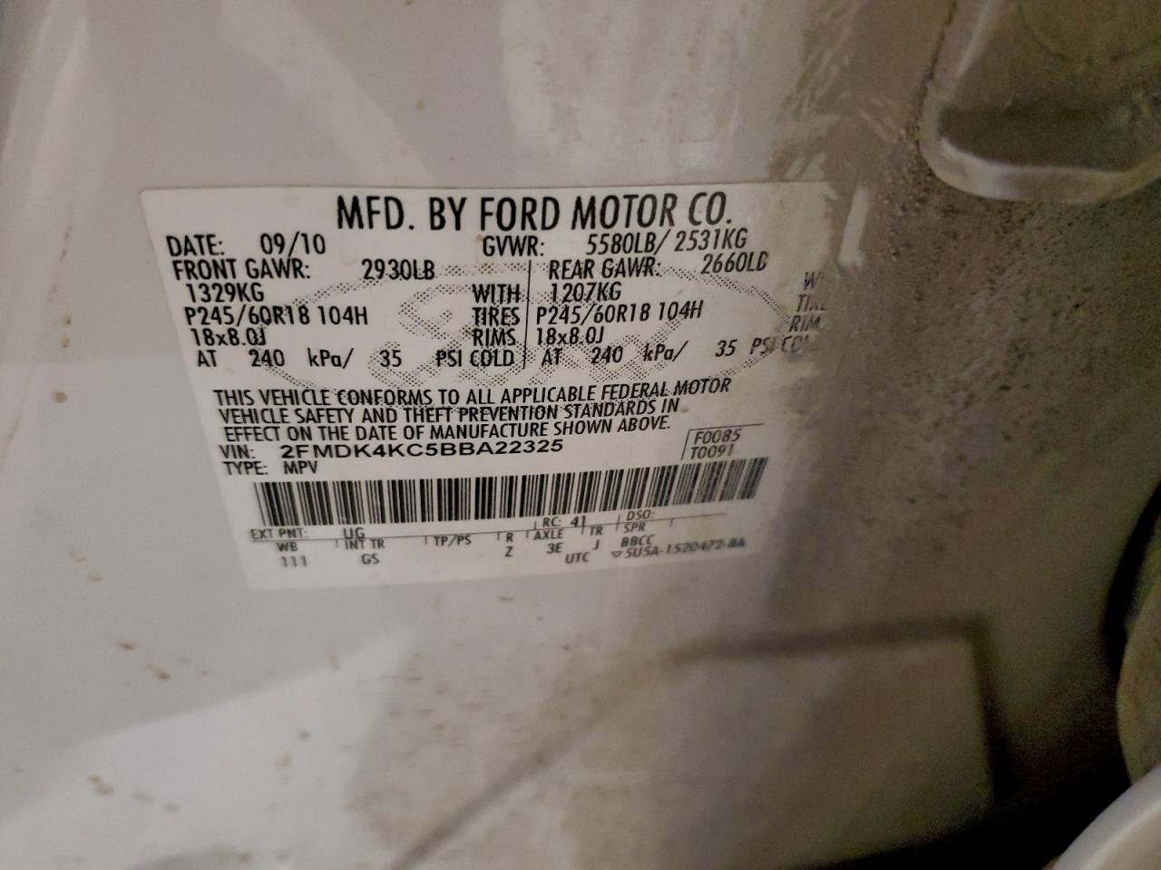 2011 Ford Edge Limited VIN: 2FMDK4KC5BBA22325 Lot: 94173605