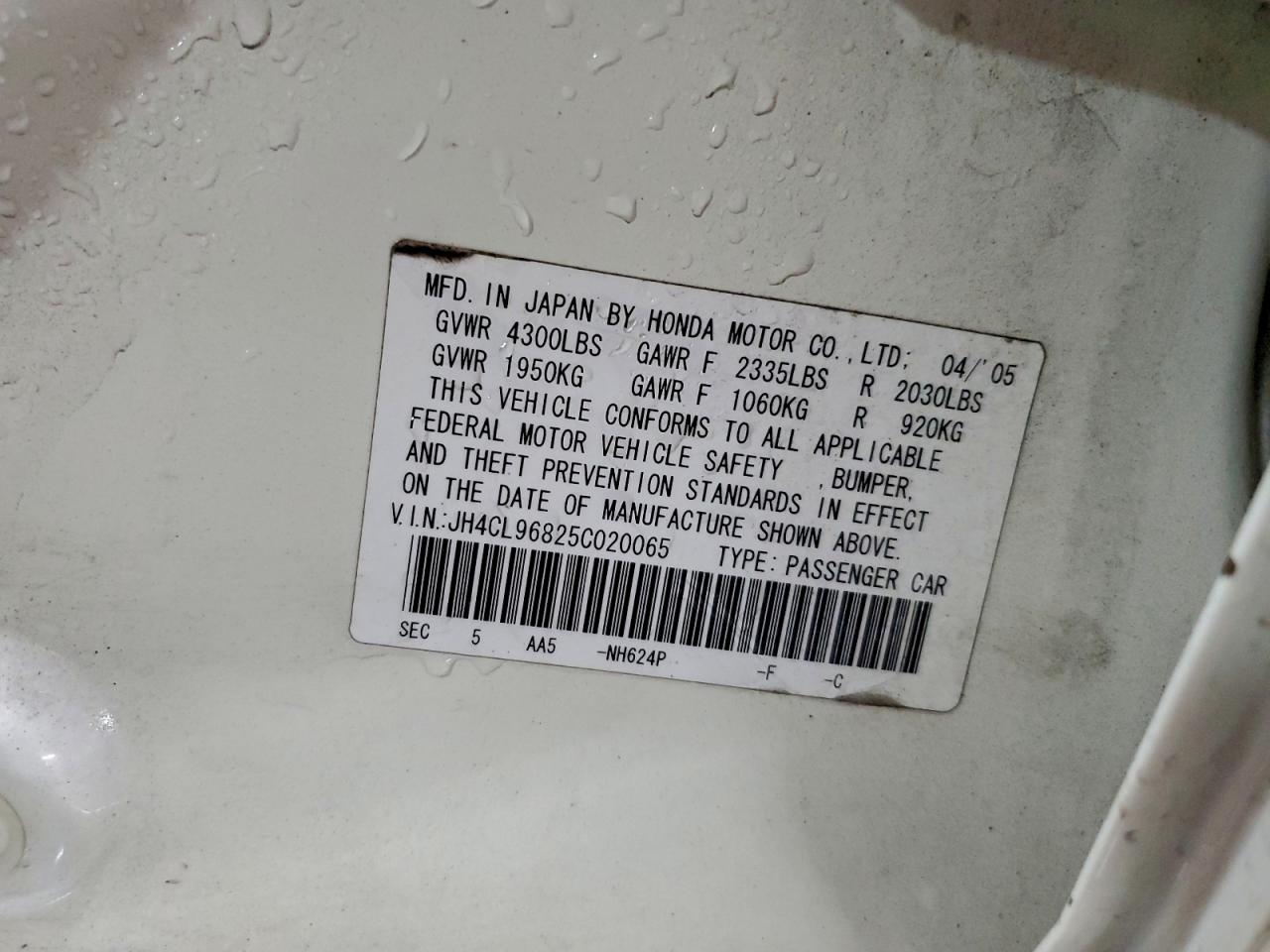 2005 Acura Tsx VIN: JH4CL96825C020065 Lot: 93254835