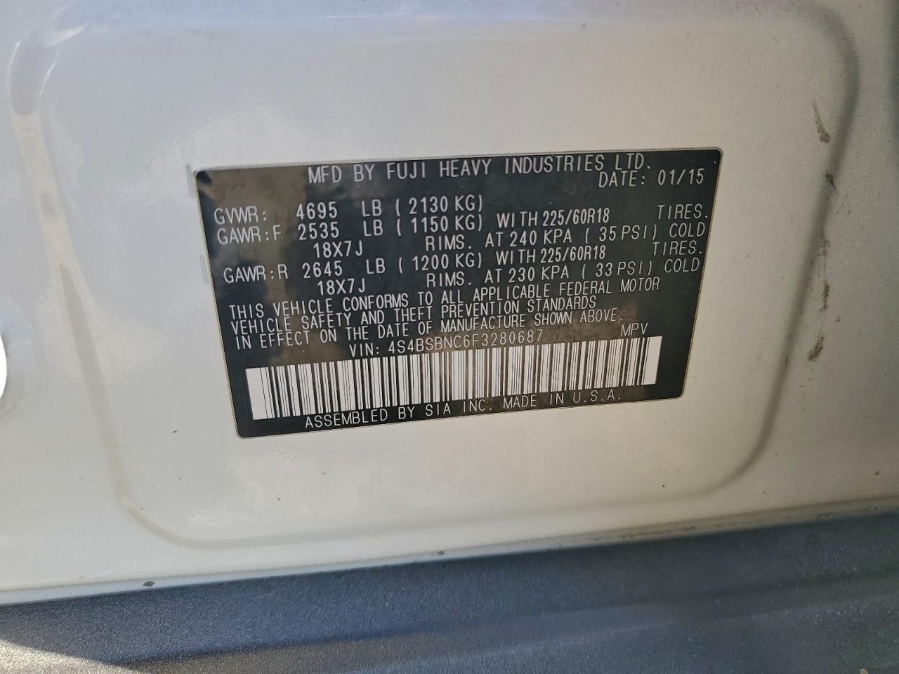 2015 Subaru Outback 2.5I Limited VIN: 4S4BSBNC6F3280687 Lot: 94451105