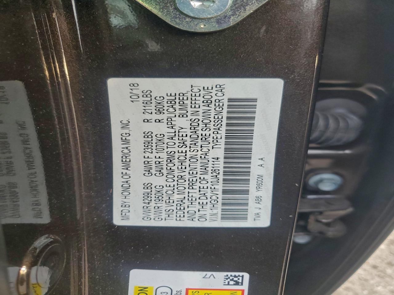 2018 Honda Accord Lx VIN: 1HGCV1F10JA261114 Lot: 94140085