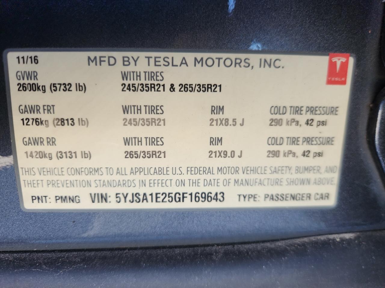 2016 Tesla Model S VIN: 5YJSA1E25GF169643 Lot: 93190395