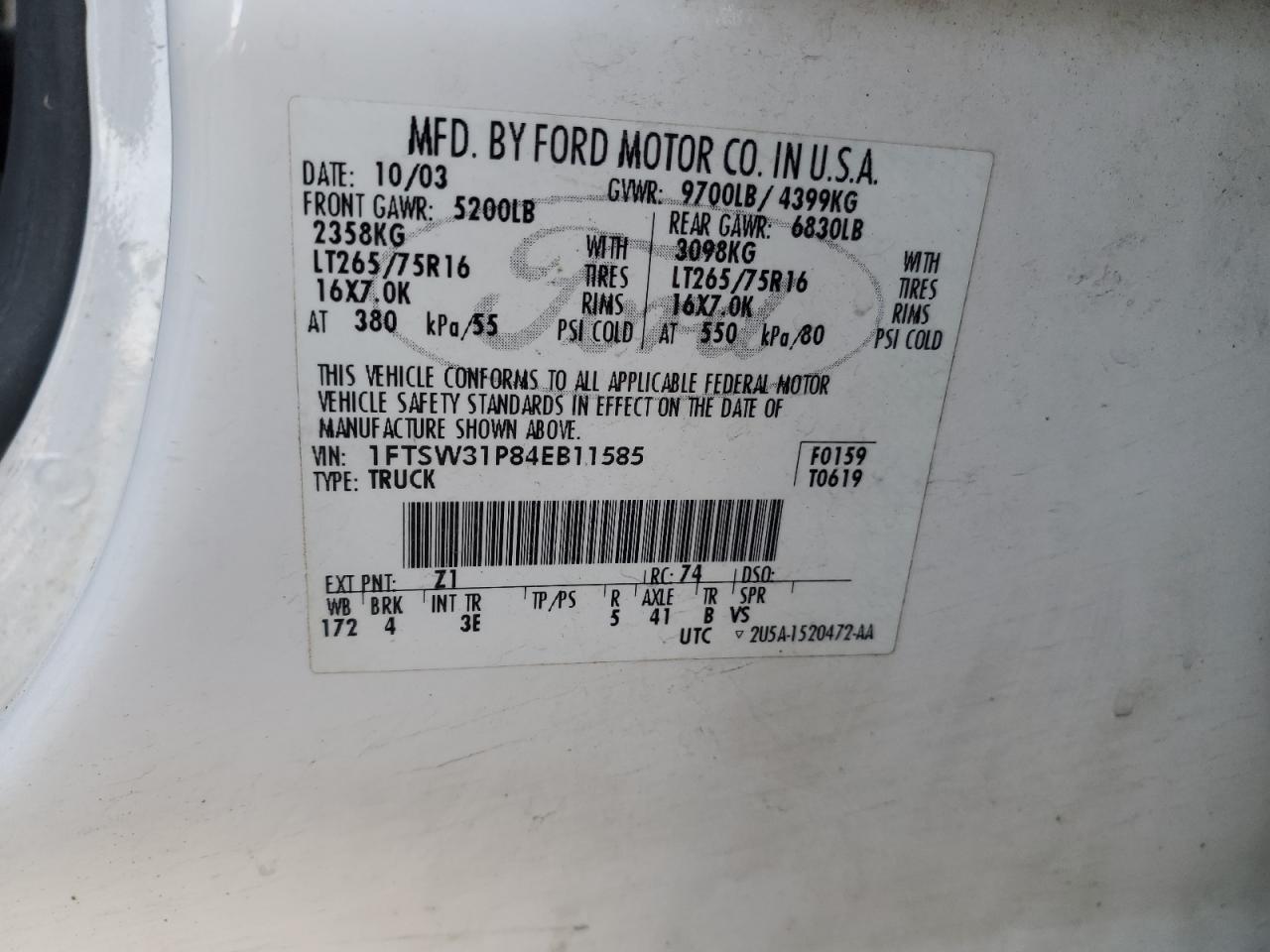 2004 Ford F350 Srw Super Duty VIN: 1FTSW31P84EB11585 Lot: 92326075