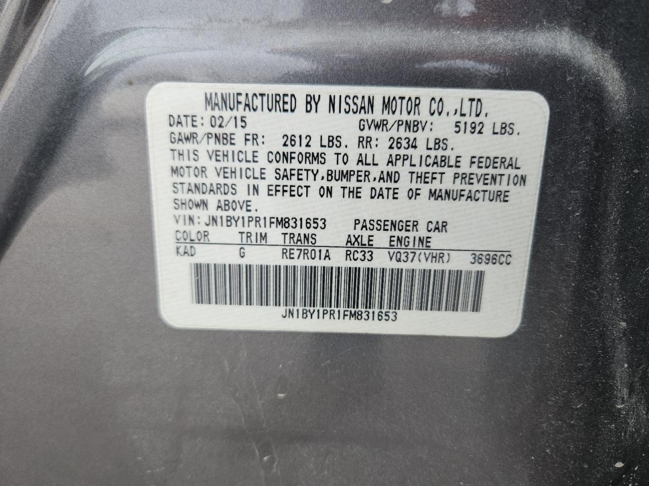 2015 Infiniti Q70L 3.7 VIN: JN1BY1PR1FM831653 Lot: 93315815