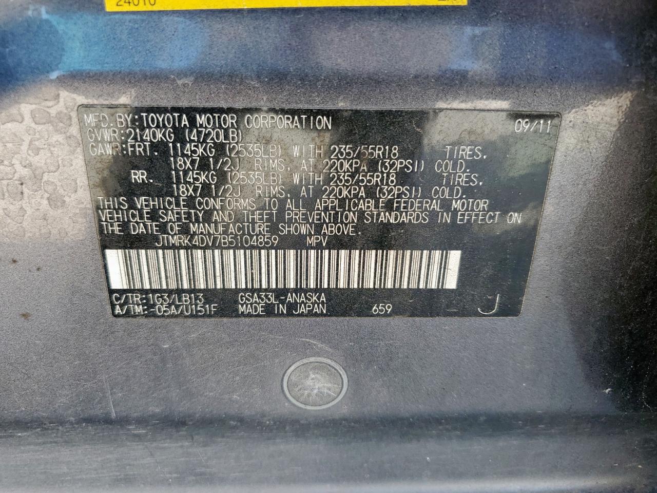 2011 Toyota Rav4 Sport VIN: JTMRK4DV7B5104859 Lot: 90603915