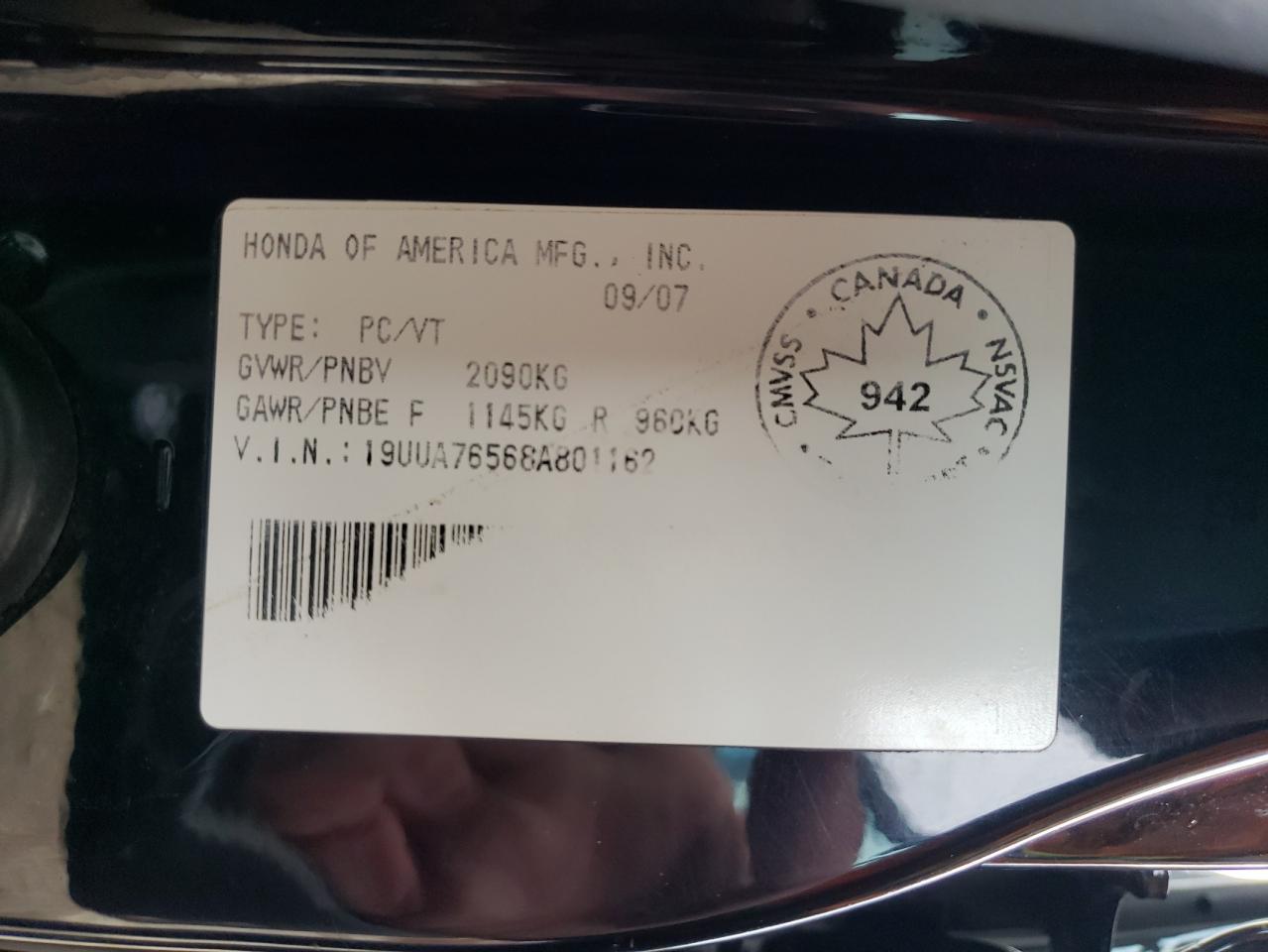 2008 Acura Tl Type S VIN: 19UUA76568A801162 Lot: 91393405