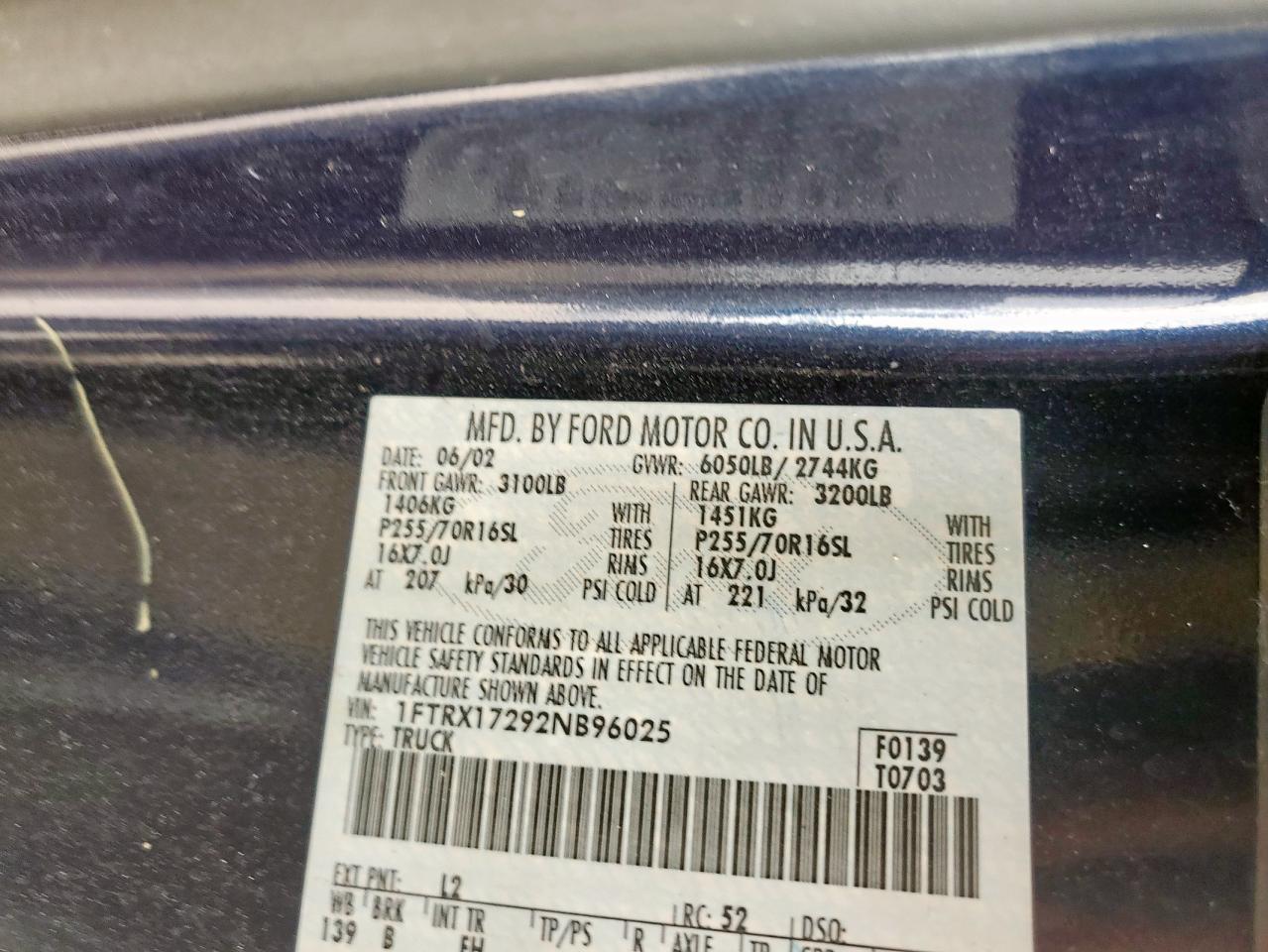 2002 Ford F150 VIN: 1FTRX17292NB96025 Lot: 93918085