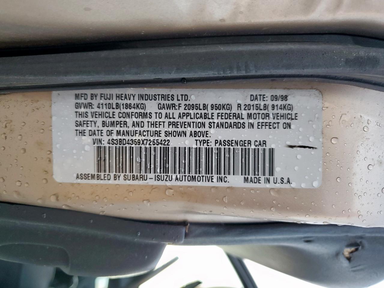 1999 Subaru Legacy L VIN: 4S3BD4359X7255422 Lot: 92470675