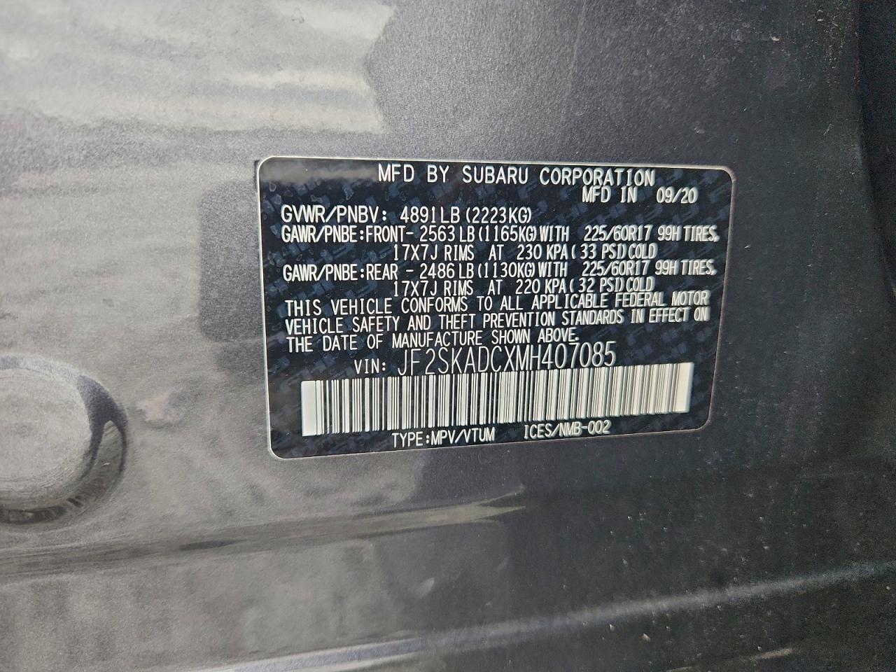 2021 Subaru Forester VIN: JF2SKADCXMH407085 Lot: 94515625