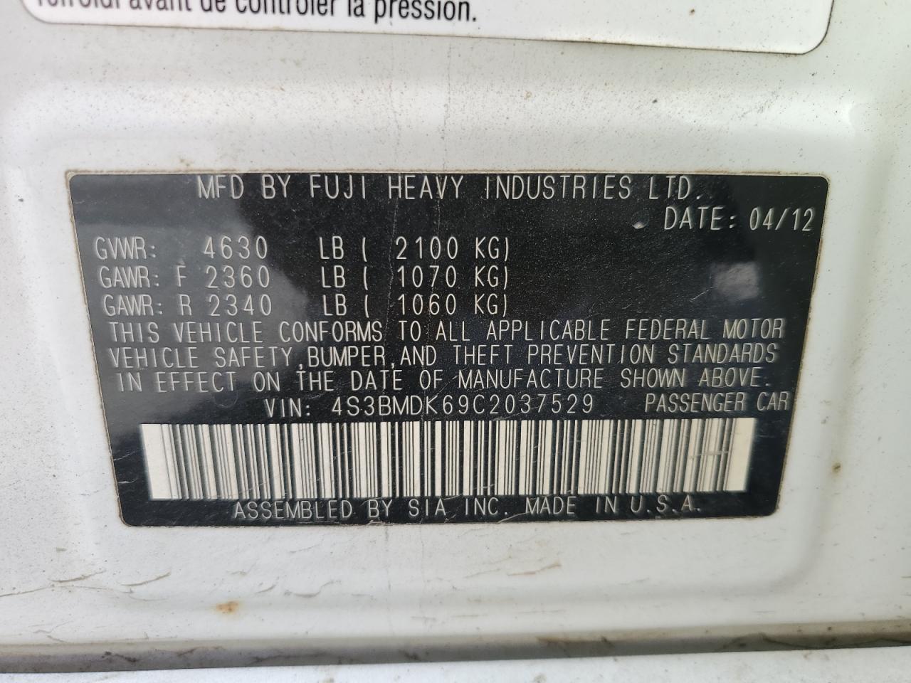 2012 Subaru Legacy 3.6R Limited VIN: 4S3BMDK69C2037529 Lot: 91464705