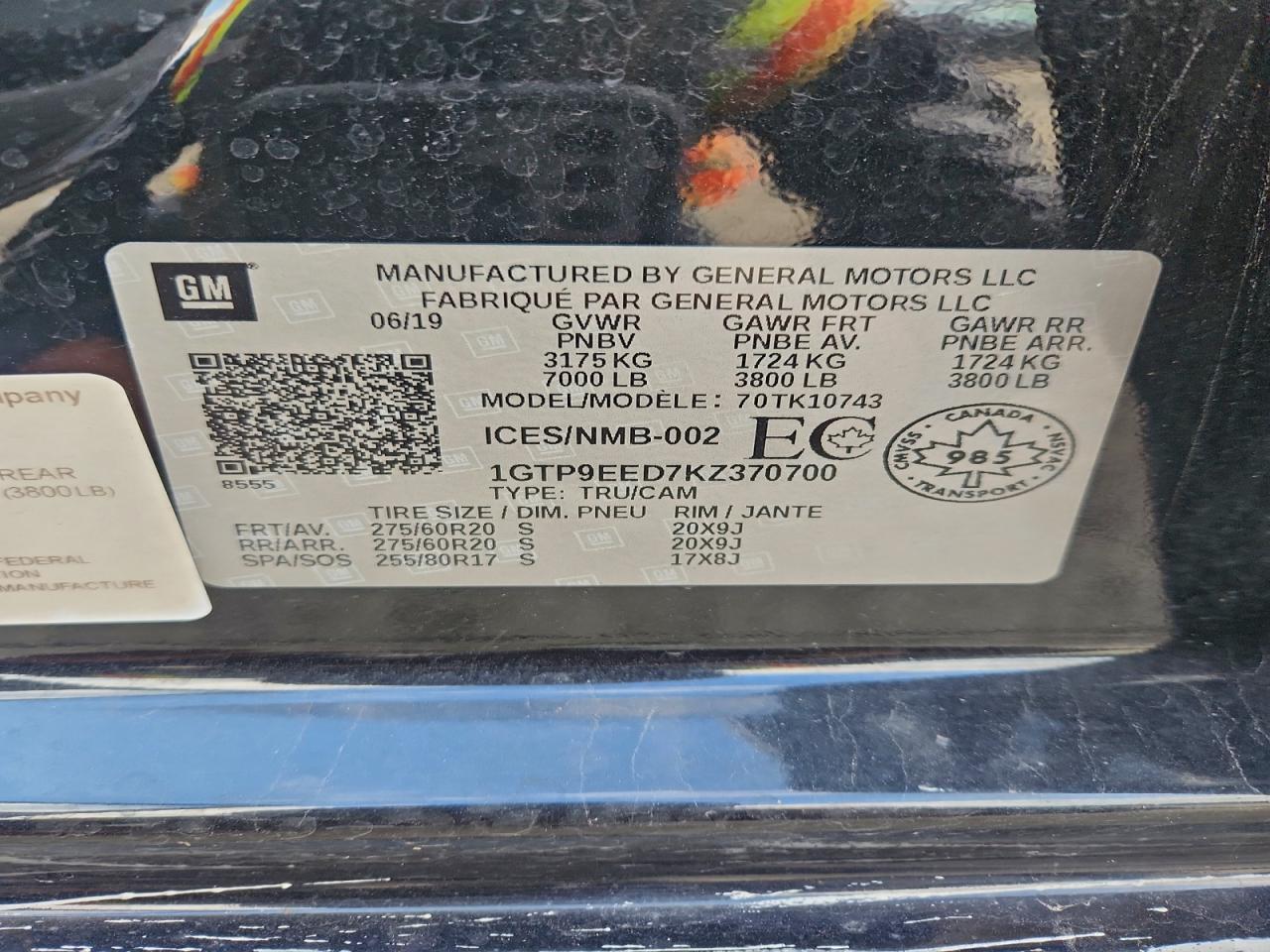 2019 GMC Sierra K1500 At4 VIN: 1GTP9EED7KZ370700 Lot: 93985375